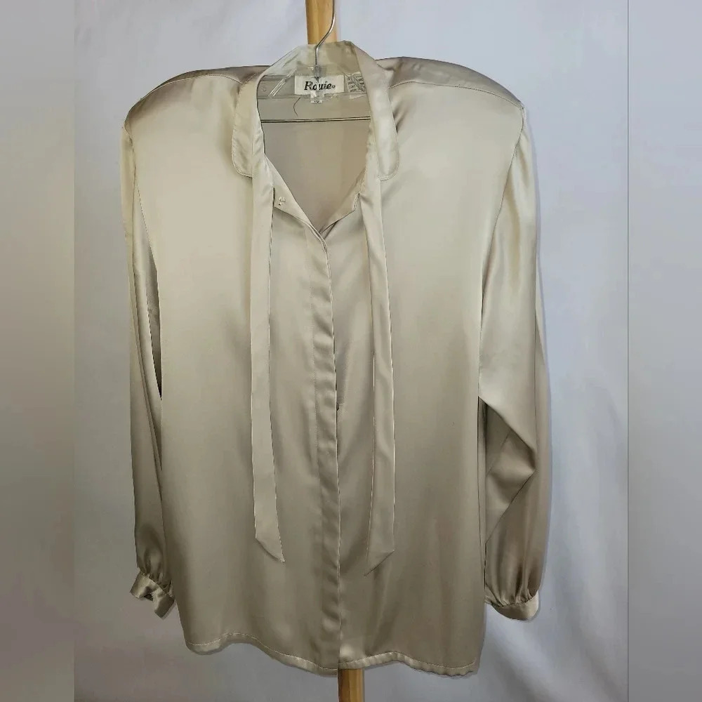 Vintage Rouie Tan Blouse Long sleeve button down collars tie size 10